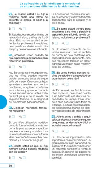 60
1
2 ¿Le enseña usted a su hijo a
relajarse como una forma de
enfrentar el estrés, el dolor o la
ansiedad?
Sí No
Sí. Usted puede enseñar formas de
relajación incluso a niños de 4 o 5
años. Esto no los ayudará a en-
frentar los problemas inmediatos,
pero puede ayudarles a vivir más
tiempo y de manera más saludable.
1
3 ¿Interviene usted cuando su
hijo experimenta dificultades para
resolver un problema?
Sí No
No. Surge de las investigaciones,
que los niños pueden resolver
problemas mucho antes de lo que
solía pensarse. Cuando sus hijos
aprenden a resolver sus propios
problemas, adquieren confianza
en sí mismos y aprenden capaci-
dades sociales importantes. Esto
no excluye que se le ayude en
segundo término, si la magnitud
del problema lo hace necesario.
1
4 ¿Celebran reuniones familia-
res regulares?
Sí No
Sí. Los niños utilizan los modelos
como la forma individual más im-
portante para aprender capacida-
des emocionales y sociales. Las
reuniones familiares son una forma
ideal de enseñarles a resolver pro-
blemas y a funcionar en grupo.
1
5 ¿Insiste usted en que su hijo
siempre exhiba buenos modales
con los demás?
Sí No
Sí. Los buenos modales son fáci-
les de enseñar y extremadamente
importantes para la escuela y el
éxito social.
1
6 ¿Se toma usted tiempo para
enseñarles a su hijos a percibir el
aspecto humorístico de la vida co-
tidiana, inclusive sus problemas?
Sí No
Sí. Un número creciente de es-
tudios muestran que el sentido
del humor no sólo constituye una
capacidad social importante, sino
que representa también un factor
significativo para la salud mental y
física de un niño.
1
7 ¿Es usted flexible con los há-
bitos de estudio y la necesidad de
organización de su hijo?
Sí No
No. Es necesario ser flexible en mu-
chos aspectos, pero no en cuanto
a los hábitos de estudio y las ca-
pacidades de trabajo. Para tener
éxito en la escuela y más tarde en
el trabajo, sus hijos necesitan apren-
der autodisciplina, manejo del tiem-
po y capacidades de organización.
1
8 ¿Alienta usted a su hijo a seguir
esforzándose aun cuando se queje
de que algo es demasiado difícil o
inclusive cuando fracasa?
Sí No
Sí. Uno de los ingredientes más
importantes para convertirse en un
gran realizador es la capacidad de
superar la frustración y mantener
un esfuerzo persistente frente al
fracaso. En general, los padres no
les exigen un esfuerzo suficiente a
sus hijos.
La aplicación de la inteligencia emocional
en situaciones difíciles de la vida familiar.
 