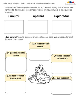Tutor: Jesús Emiliano Mora Docente: Milvia Liliana Burbano
Para comprender un cuento también implica reconocer algunas palabras y el
significado de ellas, por ello vamos a realizar un dibujo alusivo a las siguientes
palabras.
¿Qué aprendí? Intenta leer nuevamente el cuento para que ayudes a llenar el
siguiente organizador
1. Completar lo siguiente:
 
