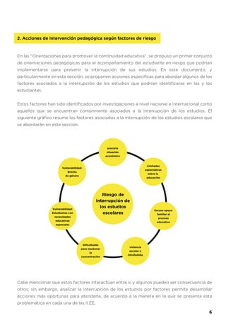 2. Acciones de intervención pedagógica según factores de riesgo
En las “Orientaciones para promover la continuidad educativa”, se propuso un primer conjunto
de orientaciones pedagógicas para el acompañamiento del estudiante en riesgo que podrían
implementarse para prevenir la interrupción de sus estudios. En este documento, y
particularmente en esta sección, se proponen acciones específicas para abordar algunos de los
factores asociados a la interrupción de los estudios que podrían identificarse en las y los
estudiantes.
Estos factores han sido identificados por investigaciones a nivel nacional e internacional como
aquellos que se encuentran comúnmente asociados a la interrupción de los estudios. El
siguiente gráfico resume los factores asociados a la interrupción de los estudios escolares que
se abordarán en esta sección:
Cabe mencionar que estos factores interactúan entre sí y algunos pueden ser consecuencia de
otros; sin embargo, analizar la interrupción de los estudios por factores permite desarrollar
acciones más oportunas para atenderla, de acuerdo a la manera en la que se presenta esta
problemática en cada una de las II.EE.
Riesgo de
interrupción de
los estudios
escolares
Vulnerabilidad:
Brecha
de género
precaria
situación
económica
Limitadas
espectativas
sobre la
educación
Vulnerabilidad:
Estudiantes con
necesidades
educativas
especiales
Dificultades
para mantener
la
concentración
violencia
escolar o
intrafamilia
Escaso apoyo
familiar al
proceso
educativo
6
 