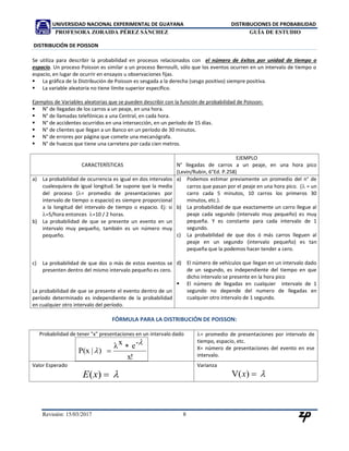 UNIVERSIDAD NACIONAL EXPERIMENTAL DE GUAYANA DISTRIBUCIONES DE PROBABILIDAD
PROFESORA ZORAIDA PÉREZ SÁNCHEZ GUÍA DE ESTUDIO
Revisión: 02/10/2017 8
DISTRIBUCIÓN DE POISSON
Se utiliza para describir la probabilidad en procesos relacionados con el número de éxitos por unidad de tiempo o
espacio. Un proceso Poisson es similar a un proceso Bernoulli, sólo que los eventos ocurren en un intervalo de tiempo o
espacio, en lugar de ocurrir en ensayos u observaciones fijas.
 La gráfica de la Distribución de Poisson es sesgada a la derecha (sesgo positivo) siempre positiva.
 La variable aleatoria no tiene límite superior específico.
Ejemplos de Variables aleatorias que se pueden describir con la función de probabilidad de Poisson:
 N° de llegadas de los carros a un peaje, en una hora.
 N° de llamadas telefónicas a una Central, en cada hora.
 N° de accidentes ocurridos en una intersección, en un período de 15 días.
 N° de clientes que llegan a un Banco en un período de 30 minutos.
 N° de errores por página que comete una mecanógrafa.
 N° de huecos que tiene una carretera por cada cien metros.
CARACTERÍSTICAS
EJEMPLO
N° llegadas de carros a un peaje, en una hora pico
(Levin/Rubin, 6°Ed. P.258)
a) La probabilidad de ocurrencia es igual en dos intervalos
cualesquiera de igual longitud. Se supone que la media
del proceso (= promedio de presentaciones por
intervalo de tiempo o espacio) es siempre proporcional
a la longitud del intervalo de tiempo o espacio. Ej: si
=5/hora entonces =10 / 2 horas.
b) La probabilidad de que se presente un evento en un
intervalo muy pequeño, también es un número muy
pequeño.
c) La probabilidad de que dos o más de estos eventos se
presenten dentro del mismo intervalo pequeño es cero.
La probabilidad de que se presente el evento dentro de un
período determinado es independiente de la probabilidad
en cualquier otro intervalo del período.
a) Podemos estimar previamente un promedio del n° de
carros que pasan por el peaje en una hora pico. ( = un
carro cada 5 minutos, 10 carros los primeros 30
minutos, etc.).
b) La probabilidad de que exactamente un carro llegue al
peaje cada segundo (intervalo muy pequeño) es muy
pequeña. Y es constante para cada intervalo de 1
segundo.
c) La probabilidad de que dos ó más carros lleguen al
peaje en un segundo (intervalo pequeño) es tan
pequeña que la podemos hacer tender a cero.
d) El número de vehículos que llegan en un intervalo dado
de un segundo, es independiente del tiempo en que
dicho intervalo se presente en la hora pico
 El número de llegadas en cualquier intervalo de 1
segundo no depende del numero de llegadas en
cualquier otro intervalo de 1 segundo.
FÓRMULA PARA LA DISTRIBUCIÓN DE POISSON:
Probabilidad de tener "x" presentaciones en un intervalo dado
x!
-exλ
)|P(x




= promedio de presentaciones por intervalo de
tiempo, espacio, etc.
X= número de presentaciones del evento en ese
intervalo.
Valor Esperado
)( xE
Varianza
)(V x
 