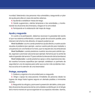 29
munidad. Detectando a las personas más vulnerables y asegurando un plan
de ayuda para ellas en casos de eventos adversos.
4. Ayudando a establecer mesas de riesgo.
5. Dando sugerencias y alertas tempranas a las autoridades, y monito-
reando las situaciones de amenazas y riesgos en la comunidad.
6. Participando en la elaboración del mapa de riesgo.
Ayuda y resguarda
En cuanto a la participación, debemos reconocer la gravedad del evento
al que nos estamos enfrentando y nuestro grado de actuación posible, para
intervenir de la forma más eficiente, al respecto podemos ser:
Nivel Auxiliador: ocurre cuando prestamos ayuda directa y nuestra acción
resuelve el problema (por ejemplo: usamos nuestra patrulla para trasladar a
una persona con una herida en la mano, que no requiere de una ambulancia)
Nivel Facilitador: cuando prestamos nuestros recursos para solicitar ayu-
da, organizar o promover soluciones (por ejemplo: llamamos por la central de
radio al operador del servicio 171 para solicitar la intervención de los bomberos)
Nivel Colaborador: cuando prestamos apoyo a otras organizaciones des-
de nuestras funciones específicas (por ejemplo: establecer un perímetro de
seguridad en una vía expresa para evitar que ocurran más accidentes mien-
tras se actúa en la atención de unos lesionados)
Protege, acompaña
1. Colabora y organiza a la comunidad para su resguardo.
2. Dirige o apoya las evacuaciones inmediatas de personas desde los
lugares de riesgo hasta lugares seguros en alertade posibles o inminentes
eventos.
3. Resguarda los refugios y promueve la prevención del delito y otras posi-
bles situaciones (las personas de las comunidades se distribuyen en el refugio
de la misma manera en que se organizan en sus espacios naturales –barrios,
 
