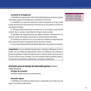 45
Actuación en emergencias
1. Identifique la organización interna del colectivo (grupos de apoyo, grupos
informales y grupos con tendencia a la violación de normas)
2. Establezca un mapa de interacción social o esquema en el que usted
pueda reconocer los vínculos de los miembros de la comunidad y la forma en
que llegan al refugio.
3. Participe activamente de las reuniones de la comunidad o promueva la
creación de un consejo o asamblea de refugio si éste no existe.
4. Identifique las organizaciones que deben participar activamente en la
atención dentro del refugio y promueva el contacto directo entre ellas.
5. Establezca en alianza con la comunidad las medidas de seguridad que
sean necesarias para el resguardo de las personas y bienes.
6. Promueva el desarrollo de actividades deportivas, educativas y recreativas.
Importante: las comunidades desplazadas a refugios y albergues se tras-
ladan con sus niveles de organización social, sus conflictos y sus intereses,
procure establecer niveles de organización y controles dentro de los prime-
ros tres días de crear el refugio. Las comunidades deben participar activa-
mente de las actividades organizativas, recreativas y deportivas.
Actuación para el manejo de lesionados graves (heridos y
caídas de altura)
Principio de actuación
Trasladar rápidamente sin causar lesiones.
Actuación segura
1. Identifique los niveles de riesgo para su seguridad, las condiciones del
lugar y los actores involucrados.
Identifique los niveles de
riesgo para su seguridad,
las condiciones del lugar
y los actores involucrados.
 
