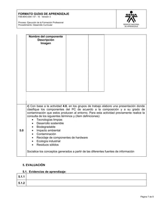FORMATO GUÍAS DE APRENDIZAJE
F08-9543-004 / 07 - 10 Versión 3

Proceso: Ejecución de la Formación Profesional
Procedimiento: Desarrollo Curricular




          Nombre del componente
              Descripción
                 Imagen




         r) Con base a la actividad 4.6, en los grupos de trabajo elabore una presentación donde
         clasifique los componentes del PC de acuerdo a la composición y a su grado de
         contaminación que estos producen al entorno. Para esta actividad previamente realice la
         consulta de los siguientes términos y (ítem definiciones):
             • Tecnologías limpias
             • Desarrollo sostenible
             • Biodegradable
 5.0         • Impacto ambiental
             • Contaminación
             • Reciclaje de componentes de hardware
             • Ecología industrial
             • Residuos sólidos

         Socialice los conceptos generados a partir de las diferentes fuentes de información



    5. EVALUACIÓN

    5.1. Evidencias de aprendizaje:
5.1.1

5.1.2



                                                                                               Página 7 de 8
 