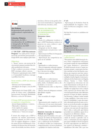 com o patrocínio

26

                 Guia do 1º Emprego 2011




                                                        mecânica, ciências sociais, gestão, ciên-    6º mês
                                                        cias exactas (matemática) e engenharias      › Apresentação do Relatório Final da
                                                        (electrotecnia, mecânica, civil) .           responsabilidade do estagiário e Ava-
                                                                                                     liação do Processo (estagiário /orien-
            Ana Pedrosa                                 ETAPAS DO PROCESSO                           tador).
            Responsável pela gestão de                  DE ACOLHIMENTO,
            colaboradores expatriados na                ACOMPANHAMENTO                               No final dos 6 meses os candidatos são
            EDP                                         E AVALIAÇÃO                                  admitidos.
                                                        Momentos chave:
            Celestina Pinheiro                          1º mês
            Operações de RH e                           › Sessão de acolhimento (conhecer o
            coordenadora de acolhimento                 que é a EDP Distribuição, conhecer os
            e integração de Novos                       projectos em curso, conhecer o pro-
            Colaboradores da EDP                        grama que os espera)                         Margarida Manaia
            Distribuição.                               › Integração na área de estágio              Responsável pelo
                                                        › Familiarização com processos e acti-       Departamento Relacional
            O “ON TOP - EDP Recruitment                 vidades.                                     da SECIL
            Program” visa captar jovens com po-         › Apresentação do Plano de Integração
            tencial de crescimento, posicionando o      e Acompanhamento                             O que procura a SECIL nos novos
            Grupo EDP como employer of first choice.    › Apresentação das competências nas          colaboradores?
                                                        quais vai ser avaliado                       “Procuramos uma sólida formação téc-
            Objectivos:                                                                              nica, fortes competências relacionais,
            1. “Atrair” jovens com potencial de         2º mês                                       um grande sentido de responsabilidade,
            crescimento, proporcionando-lhes de-        › Aprofundar os conhecimentos.               que sejam dinâmicos e proactivos.
            safios profissionais aliciantes.            › Troca de impressões informal conjunta      A sólida formação técnica é muito im-
            2. Dar a conhecer aos jovens o Grupo        (estagiário, orientador e facilitador) so-   portante, porque a maior parte das fun-
            EDP: estratégia, cultura e pessoas.         bre o decorrer do estágio                    ções exercidas na Secil são funções com-
            3. Promover a aproximação entre a EDP       › Eventuais ajustes ao Plano                 plexas, que requerem uma base susten-
            e a Comunidade Académica: interagir                                                      tada de formação técnica, para além dos
            e partilhar know-how.                       3º mês                                       múltiplos desafios ligados à internacio-
                                                        › Aprofundar os conhecimentos                nalização da Secil (presente em Angola,
            Neste sentido a EDP tem diversas            › Reunião conjunta (estagiário, orien-       Líbano, Tunísia e Cabo Verde).
            iniciativas                                 tador, chefia e facilitador) sobre as di-    As competências relacionais são um
            › Presença em 8 Universidades;              ficuldades e os sucessos                     ponto determinante na selecção de can-
            › Divulgação do Grupo a cerca de 800        › Aprofundamento sobre os objectivos         didatos. Valorizamos essencialmente o
            alunos;                                     a atingir                                    trabalho em equipa, bem como a relação
            › Apresentação do Grupo EDP e dis-          › Planear formas de ultrapassar eventuais    entre as pessoas, que devem saber con-
            cussão de temas, como a Mobilidade          dificuldades surgidas                        viver harmoniosamente entre diferentes
            Internacional, Inovgrid, Mobilidade         4º mês                                       gerações. O leque de idades, experiên-
            Eléctrica, a cerca de 450 alunos.           › Área secundária de estágio                 cias, formação e culturas é muito variado
                                                                                                     e exige equilíbrio e bom senso nas re-
            O Grupo EDP procura jovens com              5º mês                                       lações.A mobilidade é outro dos requi-
            as seguintes competências:                  › Apresentação pelo estagiário, ao CA        sitos valorizados pela Secil, tanto em re-
            › Jovens Empreendedores e criativos;        e Directores, de um tema relacionado         lação aos recém-licenciados com algum
            › Motivados e dinâmicos;                    com a actividade acompanhada durante         tempo de formação, como em relação
            › Com espírito de equipa;                   o estágio.                                   a pessoas com mais anos de experiência.
            › Atentos ao mundo que os rodeia;                                                        Esta é, aliás, a razão pela qual damos
            › Ambiciosos e “cheios de energia”.         Relatório intercalar da responsa-            prioridade aos candidatos capazes de se
                                                        bilidade do estagiário:                      integrarem em diferentes culturas.
            É atraves dos estágios que a EDP se         Avaliação pelo Orientador, com a par-        O sentido de responsabilidade, a capa-
            aproxima do mundo universitário,            ticipação da Chefia do Departamento          cidade de assumir e aprender com os
            tendo-se realizado em 2010 cerca de         e do Orientador da Área secundária e         erros, e a autonomia, são uma exigência
            330. Os estágios dirigem-se a alunos        com a colaboração do Facilitador.            para quem trabalha na Secil. O negócio
            do ensino Técnico-Profissional e Uni-       A avaliação incidirá nas componentes         da Secil, especialmente nas fábricas, é
            versitário de diversas áreas de formação,   comportamentais e técnicas, ponderará        um negócio de laboração contínua –
            como electricidade, mecânica, electro-      a qualidade do relatório intercalar.         trabalhamos 24h sobre 24h e por isso
 