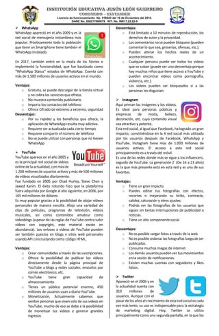 Licencia de funcionamiento No. 018943 del 16 de Diciembre del 2010.
DANE No. 268217000079 NIT. No. 90017.23.22-9
 WhatsApp
WhatsApp apareció en el año 2009 y es la
red social de mensajería instantánea más
popular. Prácticamente toda la población
que tiene un Smartphone tiene también el
WhatsApp instalado.
En 2017, también entró en la moda de los Stories e
implementó la funcionalidad, que fue bautizada como
“WhatsApp Status” estados de WhatsApp. Cuenta con
más de 1.500 millones de usuarios activos en el mundo.
Ventajas:
o Gratuita, se puede descargar de la tienda virtual
y no cobra los servicios que ofrece.
o No muestra contenido publicitario
o Importa los contactos del teléfono
o Ofrece Cifrado de extremo a extremo, seguridad
Desventajas:
o Por su rapidez y los beneficios que ofrece, la
aplicación de WhatsApp resulta muy adictiva.
o Requiere ser actualizada cada cierto tiempo
o Requiere compartir el número de teléfono
o No se puede utilizar con personas que no tienen
WhatsApp
 YouTube
YouTube aparece en el año 2005 y
es la principal red social de videos
online de la actualidad, conmás de
1.200 millones de usuarios activos y más de 500 millones
de vídeos visualizados diariamente.
Fue fundado en 2005 por Chad Hurley, Steve Chen y
Jawed Karim. El éxito rotundo hizo que la plataforma
fuera adquirida por Google al año siguiente, en 2006, por
165 mil millones de dólares.
Es muy popular gracias a la posibilidad de alojar vídeos
personales de manera sencilla. Aloja una variedad de
clips de películas, programas de televisión, vídeos
musicales, así como contenidos amateur como
videoblogs (a pesar de las reglas de YouTube contra subir
vídeos con copyright, este material existe en
abundancia). Los enlaces a vídeos de YouTube pueden
ser también puestos en blogs y sitios web personales
usando API o incrustando cierto código HTML.
Ventajas:
o Crear comunidades a través de las suscripciones.
o Ofrece la posibilidad de publicar los vídeos
directamente desde la página principal de
YouTube a blogs y redes sociales; enviarlos por
correo electrónico, etc.
o YouTube tiene gran capacidad de
almacenamiento
o Tienes un público potencial enorme, 450
millones de usuarios usan a diario YouTube.
o Monetización, Actualmente sabemos que
existen personas que viven solo de sus videos en
YouTube, mucho de eso se debe a la posibilidad
de monetizar tus videos y generar grandes
ingresos.
Desventajas:
o Está limitado a 10 minutos de reproducción, los
derechos de autor y la privacidad.
o Los comentarios nosepueden bloquear (pueden
comentar lo que sea, groserías, ofensas, etc.).
o Pueden alterar los hechos reales de un
acontecimiento.
o Cualquier persona puede ver todos los videos
que se suban (puede ser una desventaja porque
hay muchos niños que tiene acceso a YouTube y
pueden encontrar videos como pornografía,
violencia, etc.).
o Los videos pueden ser bloqueados si a las
personas les disgustan.
 Instagram
Aquí priman las imágenes y los vídeos.
Es ideal para personas públicas y
empresas de moda, belleza,
decoración, etc. cuyo contenido visual
sea atractivo y potente.
Esta red social, al igual que Facebook, ha logrado un gran
impacto, convirtiéndose en la 4 red social más utilizada
por los usuarios después de Facebook, WhatsApp y
YouTube. Instagram tiene más de 1.000 millones de
usuarios activos. El acceso a esta red social
principalmente es a través del móvil.
Es una de las redes donde más se sigue a los influencers,
seguido de YouTube. La generación Z (De 16 a 23 años)
es la que más presente está en esta red y es una de sus
favoritas.
Ventajas:
o Tiene un gran impacto.
o Puedes editar tus fotografías con efectos,
recortes o mejorando su brillo, contraste,
calidez, saturación y otros ajustes.
o Podrás ver las fotografías de los usuarios que
sigues sin tantas interrupciones de publicidad o
noticias.
o Tiene un alto componente social.
Desventajas:
o No es posible cargar fotos a través de la web.
o Noes posible ordenarlas fotografías luego de ser
publicadas.
o Consume muchos megas de internet
o Los demás usuarios pueden ver tus movimientos
en la sesión de notificaciones.
o Existen muchas cuentas con seguidores y likes
falsos.
 Twitter
Apareció en el 2006 y en
la actualidad cuenta con
319 millones de
usuarios. Aunque con el
pasarde los años el crecimiento de esta redsocial es cada
vez más lento, su uso es indispensable para la estrategia
de marketing digital. Hoy, Twitter se utiliza
principalmente como una segunda pantalla, en la que los
 