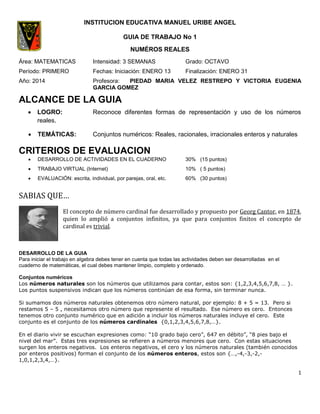 1
INSTITUCION EDUCATIVA MANUEL URIBE ANGEL
GUIA DE TRABAJO No 1
NUMÉROS REALES
Área: MATEMATICAS Intensidad: 3 SEMANAS Grado: OCTAVO
Período: PRIMERO Fechas: Iniciación: ENERO 13 Finalización: ENERO 31
Año: 2014 Profesora: PIEDAD MARIA VELEZ RESTREPO Y VICTORIA EUGENIA
GARCIA GOMEZ
ALCANCE DE LA GUIA
 LOGRO: Reconoce diferentes formas de representación y uso de los números
reales.
 TEMÁTICAS: Conjuntos numéricos: Reales, racionales, irracionales enteros y naturales
CRITERIOS DE EVALUACION
 DESARROLLO DE ACTIVIDADES EN EL CUADERNO 30% (15 puntos)
 TRABAJO VIRTUAL (Internet) 10% ( 5 puntos)
 EVALUACIÓN: escrita, individual, por parejas, oral, etc. 60% (30 puntos)
SABIAS QUE…
El concepto de número cardinal fue desarrollado y propuesto por Georg Cantor, en 1874,
quien lo amplió a conjuntos infinitos, ya que para conjuntos finitos el concepto de
cardinal es trivial.
DESARROLLO DE LA GUIA
Para iniciar el trabajo en algebra debes tener en cuenta que todas las actividades deben ser desarrolladas en el
cuaderno de matemáticas, el cual debes mantener limpio, completo y ordenado.
Conjuntos numéricos
Los números naturales son los números que utilizamos para contar, estos son: {1,2,3,4,5,6,7,8, … }.
Los puntos suspensivos indican que los números continúan de esa forma, sin terminar nunca.
Si sumamos dos números naturales obtenemos otro número natural, por ejemplo: 8 + 5 = 13. Pero si
restamos 5 – 5 , necesitamos otro número que represente el resultado. Ese número es cero. Entonces
tenemos otro conjunto numérico que en adición a incluir los números naturales incluye el cero. Este
conjunto es el conjunto de los números cardinales {0,1,2,3,4,5,6,7,8,…}.
En el diario vivir se escuchan expresiones como: “10 grado bajo cero”, 647 en débito”, “8 pies bajo el
nivel del mar”. Estas tres expresiones se refieren a números menores que cero. Con estas situaciones
surgen los enteros negativos. Los enteros negativos, el cero y los números naturales (también conocidos
por enteros positivos) forman el conjunto de los números enteros, estos son {…,-4,-3,-2,-
1,0,1,2,3,4,…}.
 