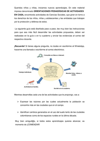 Queridos niños y niñas, iniciamos nuevos aprendizajes. En este material
impreso denominado ORIENTACIONES PEDAGÓGICAS DE ACTIVIDADES
EN CASA, encontrarás actividades de Ciencias Sociales, que giran en torno a
los derechos de los niños, niñas y adolescentes y las entidades que trabajan
por la protección y defensa de estos.
La siguiente guía está diseñada paso a paso, lee muy bien las instrucciones
para que sea más fácil desarrollar las actividades propuestas, deben ser
realizadas en la guía o en tu cuaderno y enviar las evidencias al correo del
respectivo docente.
¡Recuerda! Si tienes alguna pregunta, no dudes en escribirme al WhatsApp,
hacerme una llamada o escribirme al correo electrónico.
Mientras desarrollas cada una de las actividades que te propongo, vas a:
 Expresar las razones por las cuales actualmente la población se
concentra más en las ciudades que en el campo.
 Identificar cambios generados en el uso del suelo tanto de las ciudades
colombianas como de los espacios rurales en la última década.
Muy bien amiguit@s, si todos estos aprendizajes quieres alcanzar, es
momento de ¡COMENZAR!
 