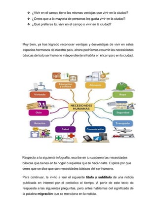❖ ¿Vivir en el campo tiene las mismas ventajas que vivir en la ciudad?
❖ ¿Crees que a la mayoría de personas les gusta vivir en la ciudad?
❖ ¿Qué prefieres tú, vivir en el campo o vivir en la ciudad?
Muy bien, ya has logrado reconocer ventajas y desventajas de vivir en estos
espacios hermosos de nuestro país, ahora podríamos resumir las necesidades
básicas de todo ser humano independiente si habita en el campo o en la ciudad.
Respecto a la siguiente infografía, escribe en tu cuaderno las necesidades
básicas que tienes en tu hogar o aquellas que te hacen falta. Explica por qué
crees que se dice que son necesidades básicas del ser humano.
Para continuar, te invito a leer el siguiente título y subtítulo de una noticia
publicada en internet por el periódico el tiempo. A partir de este texto da
respuesta a las siguientes preguntas, pero antes hablemos del significado de
la palabra migración que se menciona en la noticia.
 