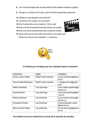 4. Una vez que tengas todo el paso anterior listo puedes empezar a grabar.
5. Escoge a un adulto de la casa que te hará las siguientes preguntas.
◄ ¿Sabes en qué paisaje te encuentras?
◄ ¿Vivimos en la ciudad o en el campo?
◄ Dime 5 elementos de la ciudad y 5 de lo rural.
◄ Dime una de las aportaciones del campo a la ciudad.
◄ Dime una de las aportaciones de la ciudad al campo.
◄ ¿Qué crees que le hace falta a los niños en el campo que
tienen los niños en las ciudades? o viceversa.
¡Te felicito por el trabajo que has realizado hasta el momento!
DOCENTE SEDE CORREO
Omar Lemos Villada Pablo Emilio Caicedo d.ine.omar.lemos@cali.e
du.co
Rosa Amalia Rodríguez Pablo Emilio Caicedo r.rodriguezinem@gmail.
com
Melba Cárdenas Fray Domingo d.ine.melba.cardenas@c
ali.edu.co
Dora Sánchez Fray Domingo d.ine.dora.sanchez@cali
.edu.co
Mónica Ramírez Las Américas d.ine.monica.ramirez@c
ali.edu.co
Emperatriz Orobio Las Américas d.ine.emperatriz.orobio
@cali.edu.co
María Cristina Rojas Las Américas d.mul.maria.rojas@cali.e
du.co
No olvides enviar las evidencias al correo de tu docente de sociales.
 