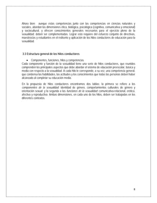 Ahora bien; aunque estas competencias junto con las competencias en ciencias naturales y
sociales, abordan las dimensiones ética, biológica, psicológica (cognitiva, comunicativa y emocional)
y sociocultural, y ofrecen conocimientos generales necesarios para el ejercicio pleno de la
sexualidad; deben ser complementadas. Lograr esto requiere del esfuerzo conjunto de directivas,
maestros/as y estudiantes en el rediseño y aplicación de los hilos conductores de educación para la
sexualidad.



    3.3 Estructura general de los hilos conductores

    • Componentes, funciones, hilos y competencias
Cada componente y función de la sexualidad tiene una serie de hilos conductores, que reunidos
comprenden los principales aspectos que debe abordar el sistema de educación preescolar, básica y
media con respecto a la sexualidad. A cada hilo le corresponde, a su vez, una competencia general,
que condensa las habilidades, las actitudes y los conocimientos que todas las personas deben haber
alcanzado al completar su educación media.
En la propuesta de hilos conductores encontramos dos tablas: la primera se refiere a los
componentes de la sexualidad: identidad de género, comportamientos culturales de género y
orientación sexual; y la segunda a las funciones de la sexualidad: comunicativa-relacional, erótica,
afectiva y reproductiva. Ambas dimensiones, en cada uno de los hilos, deben ser trabajadas en los
diferentes contextos.




                                                                                                   8
 