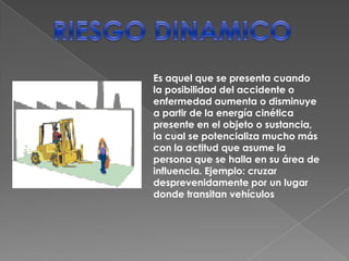 Es aquel que se presenta cuando
la posibilidad del accidente o
enfermedad aumenta o disminuye
a partir de la energía cinética
presente en el objeto o sustancia,
la cual se potencializa mucho más
con la actitud que asume la
persona que se halla en su área de
influencia. Ejemplo: cruzar
desprevenidamente por un lugar
donde transitan vehículos
 