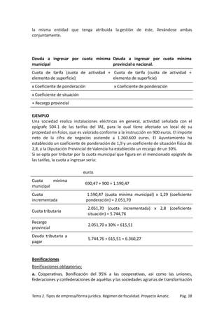 la misma entidad que tenga atribuida la gestión de éste, llevándose ambas
conjuntamente.

Deuda a ingresar por cuota mínima Deuda a ingresar por cuota mínima
municipal
provincial o nacional.
Cuota de tarifa (cuota de actividad + Cuota de tarifa (cuota de actividad +
elemento de superficie)
elemento de superficie)
x Coeficiente de ponderación

x Coeficiente de ponderación

x Coeficiente de situación
+ Recargo provincial
EJEMPLO
Una sociedad realiza instalaciones eléctricas en general, actividad señalada con el
epígrafe 504.1 de las tarifas del IAE, para lo cual tiene afectado un local de su
propiedad en Foios, que es valorado conforme a la instrucción en 900 euros. El importe
neto de la cifra de negocios asciende a 1.260.600 euros. El Ayuntamiento ha
establecido un coeficiente de ponderación de 1,9 y un coeficiente de situación física de
2,8, y la Diputación Provincial de Valencia ha establecido un recargo de un 30%.
Si se opta por tributar por la cuota municipal que figura en el mencionado epígrafe de
las tarifas, la cuota a ingresar sería:
euros
Cuota
mínima
municipal

690,47 + 900 = 1.590,47

Cuota
incrementada

1.590,47 (cuota mínima municipal) x 1,29 (coeficiente
ponderación) = 2.051,70

Cuota tributaria

2.051,70 (cuota incrementada) x 2,8 (coeficiente
situación) = 5.744,76

Recargo
provincial

2.051,70 x 30% = 615,51

Deuda tributaria a
pagar

5.744,76 + 615,51 = 6.360,27

Bonificaciones
Bonificaciones obligatorias:
a. Cooperativas. Bonificación del 95% a las cooperativas, así como las uniones,
federaciones y confederaciones de aquéllas y las sociedades agrarias de transformación

Tema 2. Tipos de empresa/forma jurídica. Régimen de fiscalidad. Proyecto Amatic.

Pág. 28

 