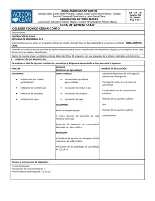 ASOCIACION CESAR CONTO
Colegio Cesar Conto Sede Principal, Colegio Cesar Conto Sede Petecuy, Colegio
Técnico Comercial Dana María y Liceo Santa Clara.
ASOCIACION ANTONIO MACEO
Corporación Educativa Antonio Maceo y Centro Etnoeducativo Antonio Maceo.
GA – FR – 45
Versión 002
2013-04-01
Pág. 1 de 1
GUIA DE APRENDIZAJE
COLEGIO TECNICO CESAR CONTO
anteriormente.
•INSTALACIÓN DE CAJAS
ACTIVIDAD DE APRENDIZAJE Nº 4
Copia la lectura que se anexa en la carpeta material de estudio llamada "Guía de Aprendizaje No 1, la cual tiene por título INSTALACIÓN DE
CAJAS.
Teniendo en cuenta la lectura Identifica las palabras desconocidas y busca su significado en el diccionario, luego haz un crucigrama y una sopa
de letra con las palabras identificadas
Realice de manera grupal un debate en donde debes identificar 10 preguntas con sus respuestas de la lectura registrados anteriormente.
6. APRECIACIÓN DEL APRENDIZAJE
Para valorar el nivel de logro del resultado de aprendizaje y del proceso desarrollado se hace necesario lo siguiente:
PROCESA
PRODUCE
(Evidencias de aprendizaje)
CRITERIOS DE EVALUACIÓN
Documentos:
 instalaciones por tubería
generalidades.
 instalación de conduit o pvc
 instalación de canaletas.
 instalación de cajas
CONOCIMIENTO:
 instalaciones por tubería
generalidades.
 instalación de conduit o pvc
 instalación de canaletas.
 instalación de cajas
DESEMPEÑO
Realiza trabajo en equipo.
• realiza resumen del desarrollo de cada
temática planteada
Desarrolla la evaluación de conocimiento
planteada en cada temática.
PRODUCTO
• Cuaderno de apuntes con el registro de los
resúmenes de cada temática
•desarrollo de las actividades de aprendizaje
N° 1,2,3,4 y 5
Desarrollo de procesos de investigación,
métodos de investigación
Participación activa en el proceso de
aprendizaje
Cumplimiento con los compromisos
escolares
Revisión de los apuntes cuaderno
quiz
Revisión de los apuntes cuaderno
sustentaciones
Técnicas e Instrumentos de Evaluación:
.• Lista de chequeo
• Evaluación de conocimientos No. 1
• Actividades de aprendizaje N° 1,2,3,4 y 5
 