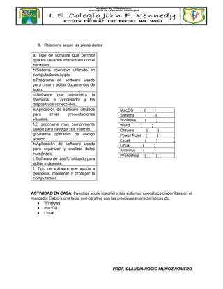 PROF. CLAUDIA ROCIO MUÑOZ ROMERO
8. Relaciona según las pistas dadas
a. Tipo de software que permite
que los usuarios interactúen con el
hardware.
b.Sistema operativo utilizado en
computadoras Apple
c.Programa de software usado
para crear y editar documentos de
texto.
d.Software que administra la
memoria, el procesador y los
dispositivos conectados.
e.Aplicación de software utilizada
para crear presentaciones
visuales.
f.El programa más comúnmente
usado para navegar por internet.
g.Sistema operativo de código
abierto
h.Aplicación de software usada
para organizar y analizar datos
numéricos.
i. Software de diseño utilizado para
editar imágenes.
f. Tipo de software que ayuda a
gestionar, mantener y proteger la
computadora.
MacOS ( )
Sistema ( )
Windows ( )
Word ( )
Chrome ( )
Power Point ( )
Excel ( )
Linux ( )
Antivirus ( )
Photoshop ( )
ACTIVIDAD EN CASA: Investiga sobre los diferentes sistemas operativos disponibles en el
mercado. Elabora una tabla comparativa con las principales características de:
• Windows
• macOS
• Linux
 