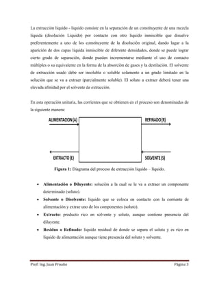 Prof:	Ing.	Juan	Proaño	 Página	3	
 
La extracción liquido - liquido consiste en la separación de un constituyente de una mezcla
liquida (disolución Liquido) por contacto con otro liquido inmiscible que disuelve
preferentemente a uno de los constituyente de la disolución original, dando lugar a la
aparición de dos capas líquida inmiscible de diferente densidades, donde se puede lograr
cierto grado de separación, donde pueden incrementarse mediante el uso de contacto
múltiples o su equivalente en la forma de la absorción de gases y la destilación. El solvente
de extracción usado debe ser insoluble o soluble solamente a un grado limitado en la
solución que se va a extraer (parcialmente soluble). El soluto a extraer deberá tener una
elevada afinidad por el solvente de extracción.
En esta operación unitaria, las corrientes que se obtienen en el proceso son denominadas de
la siguiente manera:
Figura 1: Diagrama del proceso de extracción liquido – líquido.
 Alimentación o Diluyente: solución a la cual se le va a extraer un componente
determinado (soluto).
 Solvente o Disolvente: líquido que se coloca en contacto con la corriente de
alimentación y extrae uno de los componentes (soluto).
 Extracto: producto rico en solvente y soluto, aunque contiene presencia del
diluyente.
 Residuo o Refinado: líquido residual de donde se separa el soluto y es rico en
líquido de alimentación aunque tiene presencia del soluto y solvente.
 