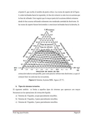 Prof:	Ing.	Juan	Proaño	 Página	8	
 
el punto E, que recibe el nombre de punto crítico. Las rectas de reparto de la Figura
4, están inclinadas hacia la izquierda y la fase de extracto es más rica en acetona que
la fase de refinado. Esto sugiere que la mayor parte de la acetona deberá extraerse
desde la fase acuosa utilizando solamente una moderada cantidad de disolvente. Si
las rectas de reparto fuesen horizontales o estuviesen inclinadas hacia la derecha, la
extracción todavía sería posible, pero sería preciso utilizar más disolvente y a que el
extracto lina1 no sería tan rico en acetona.
Figura 4: Sistema Acetona-MIK- Agua a 25 °C.
6. Tipos de sistemas ternarios.
El siguiente análisis se limita a aquellos tipos de sistemas que aparecen con mayor
frecuencia en las operaciones de extracci6n líquida:
a) Sistema de 3 líquidos, un par parcialmente miscibles.
b) Sistema de 3 líquidos, 2 pares parcialmente miscibles.
c) Sistema de 3 líquidos, 3 pares parcialmente miscibles.
 