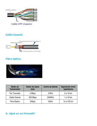 Cable Coaxial
Fibra óptica.
6. ¿Qué en un Firewall?
 
