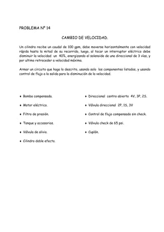 PROBLEMA Nº 14
CAMBIO DE VELOCIDAD.
Un cilindro recibe un caudal de 100 gpm, debe moverse horizontalmente con velocidad
rápida hasta la mitad de su recorrido, luego, al tocar un interruptor eléctrico debe
disminuir la velocidad un 40%, energizando el solenoide de una direccional de 3 vías, y
por ultimo retroceder a velocidad máxima.
Armar un circuito que haga lo descrito, usando solo los componentes listados, y usando
control de flujo a la salida para la disminución de la velocidad.
 Bomba compensada.
 Motor eléctrico.
 Filtro de presión.
 Tanque y accesorios.
 Válvula de alivio.
 Cilindro doble efecto.
 Direccional centro abierto 4V, 3P, 2S.
 Válvula direccional 2P, 1S, 3V
 Control de flujo compensado sin check.
 Válvula check de 65 psi.
 Cuplón.
 