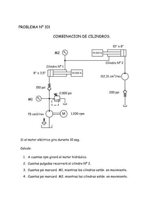 PROBLEMA Nº 101
COMBINACION DE CILINDROS.
Si el motor eléctrico gira durante 10 seg.
Calcule:
1. A cuantas rpm girará el motor hidráulico.
2. Cuantas pulgadas recorrerá el cilindro Nº 2.
3. Cuantos psi marcará M1, mientras los cilindros están en movimiento.
4. Cuantos psi marcará M2, mientras los cilindros están en movimiento.
M
15.000 lb
30.000 lb
10" x 8"
8" x 3,5"
150 psi
2.000 psi
75 cm3/rev 1.200 rpm
M1
M2
Cilindro Nº 1
Cilindro Nº 2
112,31 cm3
/rev
200 psi
 