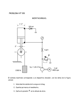 PROBLEMA Nº 108
MONTACARGAS.
El sistema mostrado corresponde a un dispositivo elevador, con los datos de la figura
calcule:
1. Velocidad de subida de la carga en in/seg.
2. Cuantos psi marca el manómetro.
3. Cuál es la presión P en la válvula de alivio.
1.500 lb
2"
3 ¼"
M
P
7 HP
1800 rpm
Vg = 1,28 in3
/rev
3 gpm
200 psi
 