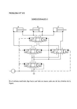 PROBLEMA Nº 123
DIRECCIONALES 1
En el sistema mostrado diga hacia cual lado se mueve cada uno de los cilindros de la
figura.
P T
A B
P T
A B
P T
A B
P T
A B
A B C
 