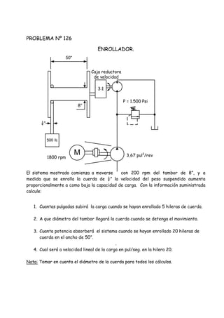 PROBLEMA Nº 126
ENROLLADOR.
El sistema mostrado comienza a moverse con 200 rpm del tambor de 8”, y a
medida que se enrolla la cuerda de ¼” la velocidad del peso suspendido aumenta
proporcionalmente a como baja la capacidad de carga. Con la información suministrada
calcule:
1. Cuantas pulgadas subirá la carga cuando se hayan enrollado 5 hileras de cuerda.
2. A que diámetro del tambor llegará la cuerda cuando se detenga el movimiento.
3. Cuanta potencia absorberá el sistema cuando se hayan enrollado 20 hileras de
cuerda en el ancho de 50”.
.
4. Cual será a velocidad lineal de la carga en pul/seg. en la hilera 20.
Nota: Tomar en cuenta el diámetro de la cuerda para todos los cálculos.
500 lb
3:1
Caja reductora
de velocidad
8"
P = 1.500 Psi
50"
¼"
1800 rpm 3,67 pul3
/revM
 