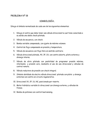 PROBLEMA Nº 18
SIMBOLOGÍA.
Dibuje el símbolo normalizado de cada uno de los siguientes elementos:
1. Dibuje el centro que debe tener una válvula direccional la cual tiene conectada a
su salida una doble check pilotada.
2. Válvula de secuencia, con check.
3. Bomba variable compensada, con ajuste de máximo volumen.
4. Control de flujo compensado en presión y temperatura.
5. Válvula de secuencia con flujo libre en sentido contrario.
6. Válvula direccional pilotada, 4V, 3P, 2S. con centro abierto, piloto externo y
drenaje interno.
7. Válvula de alivio pilotada con posibilidad de programar presión máxima,
intermedia y presión cero, mediante el uso de una direccional y válvulas de
control remoto.
8. Válvula reductora de presión con check integral.
9. Símbolo detallado de electro válvula direccional pilotada con piloto y drenaje
externos con centro en circuito regenerativo.
10. Direccional 3V, 2P, 1S, NC, posicionada por resorte.
11. Motor hidráulico variable bi-direccional con drenaje externo, y válvulas de
frenos.
12. Bomba de pistones con control load sensing.
 