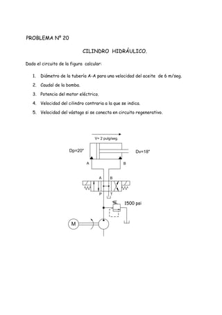 PROBLEMA Nº 20
CILINDRO HIDRÁULICO.
Dado el circuito de la figura calcular:
1. Diámetro de la tubería A-A para una velocidad del aceite de 6 m/seg.
2. Caudal de la bomba.
3. Potencia del motor eléctrico.
4. Velocidad del cilindro contraria a la que se indica.
5. Velocidad del vástago si se conecta en circuito regenerativo.
M
P T
A B
V= 2 pulg/seg.
A B
1500 psi
Dp=20" Dv=18"
 