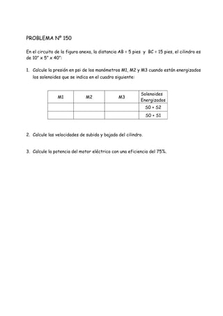 PROBLEMA Nº 150
En el circuito de la figura anexa, la distancia AB = 5 pies y BC = 15 pies, el cilindro es
de 10” x 5” x 40”:
1. Calcule la presión en psi de los manómetros M1, M2 y M3 cuando están energizados
los solenoides que se indica en el cuadro siguiente:
M1 M2 M3
Solenoides
Energizados
S0 + S2
S0 + S1
2. Calcule las velocidades de subida y bajada del cilindro.
3. Calcule la potencia del motor eléctrico con una eficiencia del 75%.
 