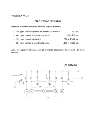PROBLEMA Nº 23
CIRCUITO DE DESCARGA
Hacer que el sistema mostrado funcione según lo siguiente:
 120 gpm cuando la presión del sistema es menor a 200 psi.
 60 gpm cuando la presión está entre 200 y 750 psi.
 45 gpm cuando está entre 750 y 1.500 psi.
 15 gpm cuando la presión está entre 1.500 y 2.000 psi.
Llene los espacios indicados, con las presiones adecuadas y la potencia del motor
eléctrico.
Al sistema
M
psi psi
15 30 60
psi
psi
15
H.P.
 