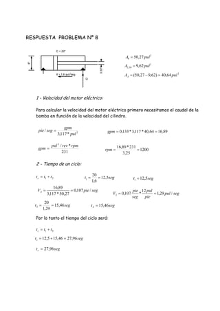 2
*117,3
/
pul
gpm
segpie 
RESPUESTA PROBLEMA Nº 8
1 - Velocidad del motor eléctrico:
Para calcular la velocidad del motor eléctrico primero necesitamos el caudal de la
bomba en función de la velocidad del cilindro.
2 - Tiempo de un ciclo:
Por lo tanto el tiempo del ciclo será:
231
*/3
rpmrevpul
gpm 
89,1664,40*117,3*133,0 gpm
1200
25,3
231*89,16
rpm
21 tttc  segt 5,12
6,1
20
1 
21 tttc 
segtc 96,2746,155,12 
segtc 96,27
segt 46,15
29,1
20
2 
segt 5,121 
segt 46,152 
segpul
pie
pul
seg
pie
V /29,1
12
*107,02 
segpieV /107,0
27,50*117,3
89,16
2 
8"
C = 20"
V = 1,6 pul/seg
Q
3.50"
2
8 27,50 pulA 
2
50,3 62,9 pulA 
2
64,40)62,927,50( pulAA 
 