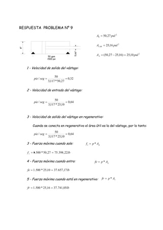 RESPUESTA PROBLEMA Nº 9
1 - Velocidad de salida del vástago:
2 - Velocidad de entrada del vástago:
3 - Velocidad de salida del vástago en regenerativo:
Cuando se conecta en regenerativo el área útil es la del vástago, por lo tanto:
3 - Fuerza máxima cuando sale:

4 - Fuerza máxima cuando entra:
5 - Fuerza máxima cuando está en regenerativo:
8"
5,66"
50 gpm
1500 psi
2
8 27,50 pulA 
2
66,5 16,25 pulA 
2
10,25)16,2527,50( pulAA 
32,0
27,50*117,3
50
/ segpie
64,0
10,25*117,3
50
/ segpie
64,0
10,25*117,3
50
/ segpie
ps Apf *
lbfs 22,398.7527,50*500.1 
aApfe *
lbfe 17,657.3710,25*500.1 
vApfr *
lbfr 05,741.3716,25*500.1 
 