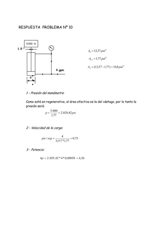 RESPUESTA PROBLEMA Nº 10



1 - Presión del manómetro:
Como está en regenerativo, el área efectiva es la del vástago, por lo tanto la
presión será:
2 - Velocidad de la carga:
3 - Potencia:
psip 42,829.2
77,1
000.5

56,600058,0*4*42,829.2 hp
73,0
77,1*117,3
4
/ segpie
2
4 57,12 pulA 
2
5,1 77,1 pulA 
2
8,10)77,157,12( pulAA 
5.000 lb
1.5 "
4 gpm
4"
 