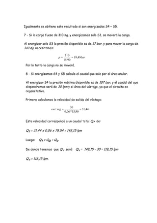 Igualmente se obtiene este resultado si son energizados S4 + S5.
7 - Si la carga fuese de 310 Kg. y energizamos solo S3, se moverá la carga.
Al energizar solo S3 la presión disponible es de 17 bar, y para mover la carga de
310 Kg. necesitamos:
Por lo tanto la carga no se moverá.
8 - Si energizamos S4 y S5 calcule el caudal que sale por el área anular.
Al energizar S4 la presión máxima disponible es de 107 bar, y el caudal del que
dispondremos será de 30 lpm y el área del vástago, ya que el circuito es
regenetativo.
Primero calculamos la velocidad de salida del vástago:
Esta velocidad corresponde a un caudal total Qt de:
Qt = 31,44 x 0,06 x 78,54 = 148,15 lpm
Luego: Qt = Qb + Qv
De donde tenemos que Qv será: Qv = 148,15 - 30 = 118,15 lpm
Qv = 118,15 lpm.
barp 49,19
90,15
310

44,31
90,15*06,0
30
/ segcm
 