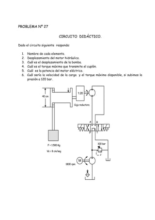 PROBLEMA Nº 27
CIRCUITO DIDÁCTICO.
Dado el circuito siguiente responda:
1. Nombre de cada elemento.
2. Desplazamiento del motor hidráulico.
3. Cuál es el desplazamiento de la bomba.
4. Cuál es el torque máximo que transmite el cuplòn.
5. Cuál es la potencia del motor eléctrico.
6. Cuál sería la velocidad de la carga y el torque máximo disponible, si subimos la
presión a 120 bar.
M
1800 rpm
P T
A B
1:20
Caja reductora
40 cm
F = 1.500 Kg
Vs = 8 cm/seg
100 bar
 