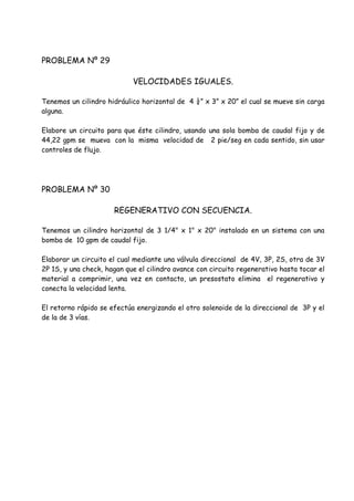 PROBLEMA Nº 29
VELOCIDADES IGUALES.
Tenemos un cilindro hidráulico horizontal de 4 ¼” x 3” x 20” el cual se mueve sin carga
alguna.
Elabore un circuito para que éste cilindro, usando una sola bomba de caudal fijo y de
44,22 gpm se mueva con la misma velocidad de 2 pie/seg en cada sentido, sin usar
controles de flujo.
PROBLEMA Nº 30
REGENERATIVO CON SECUENCIA.
Tenemos un cilindro horizontal de 3 1/4" x 1" x 20" instalado en un sistema con una
bomba de 10 gpm de caudal fijo.
Elaborar un circuito el cual mediante una válvula direccional de 4V, 3P, 2S, otra de 3V
2P 1S, y una check, hagan que el cilindro avance con circuito regenerativo hasta tocar el
material a comprimir, una vez en contacto, un presostato elimina el regenerativo y
conecta la velocidad lenta.
El retorno rápido se efectúa energizando el otro solenoide de la direccional de 3P y el
de la de 3 vías.
 