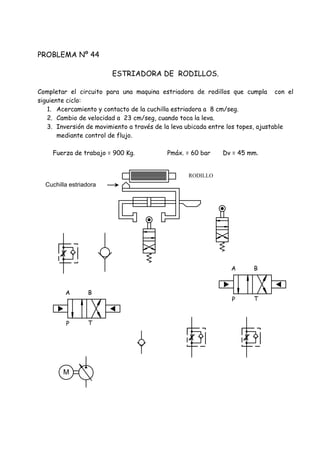 PROBLEMA Nº 44
ESTRIADORA DE RODILLOS.
Completar el circuito para una maquina estriadora de rodillos que cumpla con el
siguiente ciclo:
1. Acercamiento y contacto de la cuchilla estriadora a 8 cm/seg.
2. Cambio de velocidad a 23 cm/seg, cuando toca la leva.
3. Inversión de movimiento a través de la leva ubicada entre los topes, ajustable
mediante control de flujo.
Fuerza de trabajo = 900 Kg. Pmáx. = 60 bar Dv = 45 mm.
RODILLO
Cuchilla estriadora
M
P
BA
T
P
BA
T
 