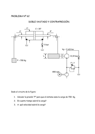 PROBLEMA Nº 62
DOBLE VASTAGO Y CONTRAPRESIÒN.
Dado el circuito de la figura:
1. Calcular la presión “P” para que el sistema suba la carga de 700 Kg.
2. En cuanto tiempo subirá la carga?
3. A qué velocidad subirá la carga?
C = 30"6"
2" 4"
5 bar
F = 700 Kg
M
Vg = 3 in3/rev
13,19 bar
P = ?
850 rpm
1"
 