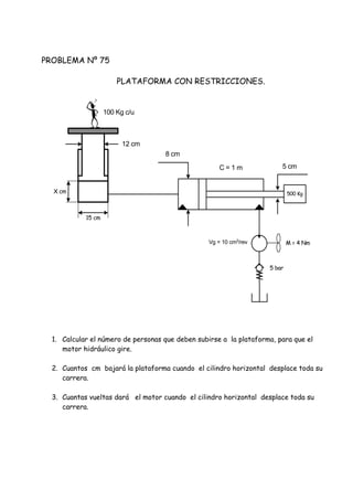 PROBLEMA Nº 75
PLATAFORMA CON RESTRICCIONES.
1. Calcular el número de personas que deben subirse a la plataforma, para que el
motor hidráulico gire.
2. Cuantos cm bajará la plataforma cuando el cilindro horizontal desplace toda su
carrera.
3. Cuantas vueltas dará el motor cuando el cilindro horizontal desplace toda su
carrera.
12 cm
X cm
15 cm
100 Kg c/u
8 cm
5 cmC = 1 m
M = 4 NmVg = 10 cm3
/rev
5 bar
500 Kg
 