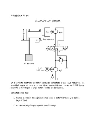 PROBLEMA Nº 84
CALCULOS CON WINCH.
En el circuito mostrado un motor hidráulico, conectado a una caja reductora de
velocidad, mueve un carrete, el cual tiene suspendida una carga de 3.662 lb ese
conjunto es movido por el grupo motor - bomba que se muestra.
Con estos datos diga:
1. Cuál es la relación de desplazamientos entre el motor hidráulico y la bomba
(Vgm / Vgb.)
2. A cuantas pulgadas por segundo subirá la carga.
M
5 HP
1.800 rpm
P T
A B
F = 3.662 lb
4:1
Caja reductora
8"
Vgm
Vgb
5"
 