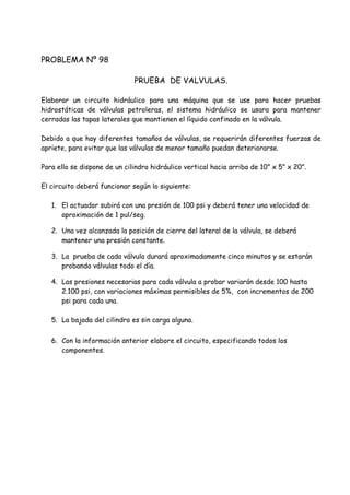 PROBLEMA Nº 98
PRUEBA DE VALVULAS.
Elaborar un circuito hidráulico para una máquina que se use para hacer pruebas
hidrostáticas de válvulas petroleras, el sistema hidráulico se usara para mantener
cerradas las tapas laterales que mantienen el líquido confinado en la válvula.
Debido a que hay diferentes tamaños de válvulas, se requerirán diferentes fuerzas de
apriete, para evitar que las válvulas de menor tamaño puedan deteriorarse.
Para ello se dispone de un cilindro hidráulico vertical hacia arriba de 10” x 5” x 20”.
El circuito deberá funcionar según lo siguiente:
1. El actuador subirá con una presión de 100 psi y deberá tener una velocidad de
aproximación de 1 pul/seg.
2. Una vez alcanzada la posición de cierre del lateral de la válvula, se deberá
mantener una presión constante.
3. La prueba de cada válvula durará aproximadamente cinco minutos y se estarán
probando válvulas todo el día.
4. Las presiones necesarias para cada válvula a probar variarán desde 100 hasta
2.100 psi, con variaciones máximas permisibles de 5%, con incrementos de 200
psi para cada una.
5. La bajada del cilindro es sin carga alguna.
6. Con la información anterior elabore el circuito, especificando todos los
componentes.
 