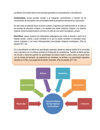 Los Marcos Curriculares tienen como principios generales la contextualización y diversificación:

Contextualizan, porque permiten acceder a la indagación, profundización e inclusión de los
conocimientos de los pueblos y las comunidades desde la perspectiva derivada de su cosmovisión.

De este modo se pretende frenar la erosión cultural y lingüística que históricamente se ha dado en
las escuelas de educación indígena, y en aquellas que reciben población indígena y en situación
migrante, donde ha predominado el currículo y la visión de una nación homogénea y urbana.

Diversifican, porque proponen los tratamientos pedagógicos que instan al docente a partir de la
realidad escolar, cultural y social inmediata en la que se puede manifestar la diversidad social,
cultural, lingüística o una menor heterogeneidad (comunidades indígenas monolingües). (Plan de
estudios 2011: 62)

En la diversificación se definen los aprendizajes esperados (desde los saberes propios de la comunidad
local y educativa) con un enfoque centrado en el desarrollo de competencias. También se define qué tipo
de vínculos y relaciones guardan los aprendizajes enunciados desde la propia cultura y/o grupo social
con los campos de formación, las asignaturas por disciplinas, los ámbitos y los aprendizajes esperados
descritos en el Plan y los programas de estudio nacionales. (Plan de estudios 2011: 62)




                                    Étnicos                   Dinámicos




          Especializados                                                           Innovadores




                                             Caracterísiticas
   Nacionales                                 de los marcos                                   Inclusivos
                                               curriculares
 