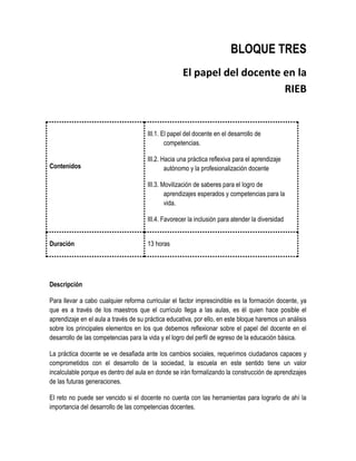 BLOQUE TRES
                                                    El papel del docente en la
                                                                         RIEB


                                      III.1. El papel del docente en el desarrollo de
                                              competencias.

                                      III.2. Hacia una práctica reflexiva para el aprendizaje
Contenidos                                    autónomo y la profesionalización docente

                                      III.3. Movilización de saberes para el logro de
                                              aprendizajes esperados y competencias para la
                                              vida.

                                      III.4. Favorecer la inclusión para atender la diversidad


Duración                              13 horas




Descripción

Para llevar a cabo cualquier reforma curricular el factor imprescindible es la formación docente, ya
que es a través de los maestros que el currículo llega a las aulas, es él quien hace posible el
aprendizaje en el aula a través de su práctica educativa, por ello, en este bloque haremos un análisis
sobre los principales elementos en los que debemos reflexionar sobre el papel del docente en el
desarrollo de las competencias para la vida y el logro del perfil de egreso de la educación básica.

La práctica docente se ve desafiada ante los cambios sociales, requerimos ciudadanos capaces y
comprometidos con el desarrollo de la sociedad, la escuela en este sentido tiene un valor
incalculable porque es dentro del aula en donde se irán formalizando la construcción de aprendizajes
de las futuras generaciones.

El reto no puede ser vencido si el docente no cuenta con las herramientas para lograrlo de ahí la
importancia del desarrollo de las competencias docentes.
 