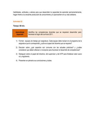 habilidades, actitudes y valores para que desarrollen la capacidad de aprender permanentemente,
hagan frente a la creciente producción de conocimiento y lo aprovechen en su vida cotidiana.


Actividad 32

Tiempo: 60 min.


   Aprendizaje      Identifica las competencias docentes que se requieren desarrollar para
    esperado        favorecer el logro del currículo 2011.


   1) Formen equipos de trabajo por asignatura. Cada equipo debe revisar en el programa de la
      asignatura que le correspondió ¿cuál es el papel del docente que se requiere?

   2) Discutan sobre ¿qué aspectos son comunes con las actuales prácticas? y ¿cuáles
      consideran que deben afianzar o incorporar para favorecer el desarrollo de competencias?

   3) Dialoguen sobre el papel del directivo, del supervisor y del ATP para fortalecer este nuevo
      rol y regístrenlo.

   4) Presenten en plenaria sus conclusiones y dudas.
 