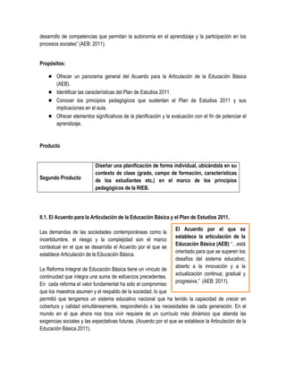 desarrollo de competencias que permitan la autonomía en el aprendizaje y la participación en los
procesos sociales” (AEB: 2011).


Propósitos:

    ● Ofrecer un panorama general del Acuerdo para la Articulación de la Educación Básica
      (AEB).
    ● Identificar las características del Plan de Estudios 2011.
    ● Conocer los principios pedagógicos que sustentan el Plan de Estudios 2011 y sus
      implicaciones en el aula.
    ● Ofrecer elementos significativos de la planificación y la evaluación con el fin de potenciar el
      aprendizaje.


Producto


                           Diseñar una planificación de forma individual, ubicándola en su
                           contexto de clase (grado, campo de formación, características
Segundo Producto           de los estudiantes etc.) en el marco de los principios
                           pedagógicos de la RIEB.




II.1. El Acuerdo para la Articulación de la Educación Básica y el Plan de Estudios 2011.

                                                                   El Acuerdo por el que se
Las demandas de las sociedades contemporáneas como la
                                                                   establece la articulación de la
incertidumbre, el riesgo y la complejidad son el marco
                                                                   Educación Básica (AEB) “…está
contextual en el que se desarrolla el Acuerdo por el que se
                                                                   orientado para que se superen los
establece Articulación de la Educación Básica.
                                                                   desafíos del sistema educativo;
                                                                   abierto a la innovación y a la
La Reforma Integral de Educación Básica tiene un vínculo de
                                                                   actualización continua; gradual y
continuidad que integra una suma de esfuerzos precedentes.
                                                                   progresiva.” (AEB: 2011).
En cada reforma el valor fundamental ha sido el compromiso
que los maestros asumen y el respaldo de la sociedad, lo que
permitió que tengamos un sistema educativo nacional que ha tenido la capacidad de crecer en
cobertura y calidad simultáneamente, respondiendo a las necesidades de cada generación. En el
mundo en el que ahora nos toca vivir requiere de un currículo más dinámico que atienda las
exigencias sociales y las expectativas futuras. (Acuerdo por el que se establece la Articulación de la
Educación Básica 2011).
 