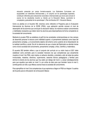 educación preescolar por campo formativo-aspecto. Los Estándares Curriculares son
      equiparables con estándares internacionales y, en conjunto con los aprendizajes esperados,
      constituyen referentes para evaluaciones nacionales e internacionales que sirvan para conocer el
      avance de los estudiantes durante su tránsito por la Educación Básica, asumiendo la
      complejidad y gradualidad de los aprendizajes”. (Plan de Estudios 2011. Educación Básica).

Como se plantea en el Acuerdo 592, tenemos como referente el Programa para la Evaluación
Internacional de Alumnos de la OCDE (PISA), cuya aplicación permite conocer el nivel de
desempeño de los alumnos que concluyen la educación básica, los reactivos evalúan conocimientos
y habilidades necesarios que deben tener los alumnos para desempeñarse de forma competente en
la sociedad del conocimiento.

Mediante la prueba PISA se establece el perfil de las sociedades contemporáneas en tres campos
de desarrollo personal: la lectura como habilidad superior, el pensamiento abstracto como base del
pensamiento complejo, y el conocimiento objetivo del entorno como sustento de la interpretación de
la realidad científica y social. De ahí la relevancia de que a través del Diplomado se aborden temas
como el de la sociedad del conocimiento, pensamiento complejo, crítico, científico y matemático.

El acuerdo 592 también refiere a que el conjunto del currículo en su visión hacia el 2021 debe
establecer como promedio para la sociedad mexicana las que competencias que actualmente
muestra el nivel 3 de PISA, esto implica un esfuerzo decidido y orientado a ello de todas las partes
involucradas, maestros, directivos, supervisores, asesores técnico pedagógicos y familias para
eliminar la brecha de los alumnos que hoy están por debajo del nivel 2, y actuar estratégicamente
para que aquellos que están en nivel 2 o por arriba de éste para que transiten hacia el nivel 3,
contribuyendo con ello a que México avance hacia la sociedad del conocimiento.

Para ejemplificar el nivel 3 de competencias al que aspiramos a llegar en PISA se integran 3 cuadros
del Acuerdo para la Articulación de la Educación Básica:
 