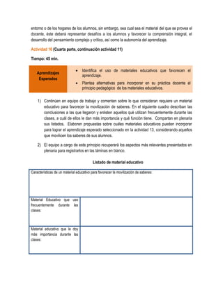 entorno o de los hogares de los alumnos, sin embargo, sea cual sea el material del que se provea el
docente, éste deberá representar desafíos a los alumnos y favorecer la comprensión integral, el
desarrollo del pensamiento complejo y crítico, así como la autonomía del aprendizaje.

Actividad 16 (Cuarta parte, continuación actividad 11)

Tiempo: 45 min.

                                  Identifica el uso de materiales educativos que favorecen el
    Aprendizajes
                                   aprendizaje.
     Esperados
                                  Plantea alternativas para incorporar en su práctica docente el
                                   principio pedagógico de los materiales educativos.

    1) Continúen en equipo de trabajo y comenten sobre lo que consideran requiere un material
       educativo para favorecer la movilización de saberes. En el siguiente cuadro describan las
       conclusiones a las que llegaron y enlisten aquellos qué utilizan frecuentemente durante las
       clases, a cuál de ellos le dan más importancia y qué función tiene. Compartan en plenaria
       sus listados. Elaboren propuestas sobre cuáles materiales educativos pueden incorporar
       para lograr el aprendizaje esperado seleccionado en la actividad 13, considerando aquellos
       que movilicen los saberes de sus alumnos.

    2) El equipo a cargo de este principio recuperará los aspectos más relevantes presentados en
       plenaria para registrarlos en las láminas en blanco.

                                          Listado de material educativo

Características de un material educativo para favorecer la movilización de saberes:




Material Educativo que uso
frecuentemente durante las
clases:



Material educativo que le doy
más importancia durante las
clases:
 