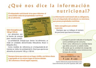 ¿Qué nos dice la información
                   nutricional?
  El etiquetado nutricional sirve para informar al
  consumidor sobre las propiedades nutritivas
                                                             La información nutricional sólo es obligatoria,
  de un alimento.
                                                             si en el etiquetado del producto se menciona
                                                             que posee propiedades nutritivas

                                                                   Valor energético por unidad
                                                                   o porción
Valor Energético por                                                 (Siempre que se indique el número
100 gr/100 ml.                                                     de porciones que tiene el envase).
  Los alimentos son
la fuente de energía
para nuestro cuerpo.
                                                                          • Compare la porción indicada en la etiqueta
  La cantidad de energía que tienen los alimentos se
                                                                            con la cantidad que Ud. consuma.
mide en unidades denominadas Kilocalorías (Kcal.) o
                                                                          • Tome como referencia la cantidad diaria
Kilojulios (KJ.).
                                                                            que debe consumir un adulto medio.
  Como medida de referencia, en el etiquetado de ali-                     • Recuerde que la cantidad de energía dia-
mentos se indica la cantidad de KJ. /Kcal. que aporta ese                   ria debe distribuirse como mínimo en tres
alimento al consumir 100 g. o 100 ml.                                       tiempos de comida
                                                                                   Adultos
  Siempre tiene que estar en un lugar visible, con letras claras          Valor promedio Kcal. / día
  y agrupado en un mismo lugar en forma tabular.                                2.200 -    2.800
  (En columnas o lineal según espacio).
                                                                  Fuente: Elaboración propia basándose en las
                                                            Guías Alimentarias de la Pob. Española, SENC 2001
                                                                                                                11
 