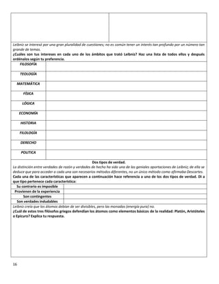 Leibniz se interesó por una gran pluralidad de cuestiones; no es común tener un interés tan profundo por un número tan
grande de temas.
¿Cuáles son tus intereses en cada uno de los ámbitos que trató Leibniz? Haz una lista de todos ellos y después
ordénalos según tu preferencia.
    FILOSOFÍA

     TEOLOGÍA

  MATEMÁTICA

      FÍSICA

      LÓGICA

     ECONOMÍA

     HISTORIA

     FILOLOGÍA

     DERECHO

     POLITICA

                                                   Dos tipos de verdad.
La distinción entre verdades de razón y verdades de hecho ha sido una de las geniales aportaciones de Leibniz; de ella se
deduce que para acceder a cada una son necesarios métodos diferentes, no un único método como afirmaba Descartes.
Cada una de las características que aparecen a continuación hace referencia a uno de los dos tipos de verdad. Di a
que tipo pertenece cada característica:
  Su contrario es imposible
 Provienen de la experiencia
       Son contingentes
   Son verdades indudables
Leibniz creía que los átomos debían de ser divisibles, pero las monadas (energía pura) no.
¿Cuál de estos tres filósofos griegos defendían los átomos como elementos básicos de la realidad: Platón, Aristóteles
o Epicuro? Explica tu respuesta.




16
 
