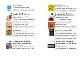 Montse Domènech

Els nens no vénen de París. Columna.
Una aportació interessant i útil per poder tractar
l’educació sexual amb els nens i les nenes, des del
punt vista biològic, emocional i conductual.

A partir de 3 anys

Cristina Macià Orío

A cuinar petits xefs. Estrella Polar.
Per a cuinar receptes molt originals com: un
centpeus de mozzarella i tomàquets cherry,
sandvitxos de colors, tacos mexicans amb iogurt,

I2: A partir de 8 anys

Deborah Brown. Il.: Kathy Bacovitch

Marc Granell. Il.; Xan López Domínguez

Segueix el fil. Cruïlla.

La dansa dels versos. Diálogo.

En Ning i el Pepet segueixen un fil que sembla

La Terra un dia / no serà Terra

que no s’acabi mai. Es posen a seguir-lo i la seva

serà un poal / de fem tan gran

imaginació començaIl.:funcionar.
Julia Donaldson. a Anna Currey

que arribarà / Saillard
Éric Pintus. Il.: Rémi fins allà al cel...

Un Osset ha caigut del llit. Joventut.

Hambre de lobo. Océano.

Conte amb rimes per aprendre a comptar: un

El llop té molta gana. És hivern i no troba aliment.

osset, dos ulls, tres ratolins, quatre cotxes, cinc

No vol apropar-se a la cuitat, té por que els

estels, sis nines, set follets, vuit globus, nou
Melanie Mitchell

homes el matin. Però en l'aparent seguretat del
Boris Le Roy. Il.: Benjamin Adam

Petjades amb sorpresa. Combel.

A l’ombra dels pirates. Takatuka.

Obrir aquest llibre vol dir descobrir, tot aixecant

El fill del pirata descobreix que la seva mare no

les solapes i palpant les petjades, els animals que

és presonera del vaixell enemic, sinó que hi ha

anirem trobant en el seu interior.

anat voluntàriament. Descobrirà

que aquest

vaixell porta una càrrega d’esclaus, nens i adults.

I1: A partir de 6 anys

Hiawyn Oram. Il.: Satoshi Kitamura

I3: A partir de 10 anys

José Manuel Mateo. Il.: Javier Martínez

En Ferran enfadat. Ekaré.

Pedro

En Ferran s'enfada quan la mare li prohibeix

Migrar. Factoría K de Libros.

veure la televisió a l’hora d’anar a dormir. Llavors,

Llibre en forma d’acordió que explica la historia

apareix una tempesta i un fort huracà que ningú

actual de nens i nenes que han d’emigrar

 